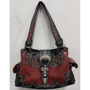 Haley Beez Womens Red Black Leather Rhinestone Buckle Western Shoulder Bag Purse